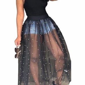 #1013 Sheer Black Pearl-Embellished Maxi Dress